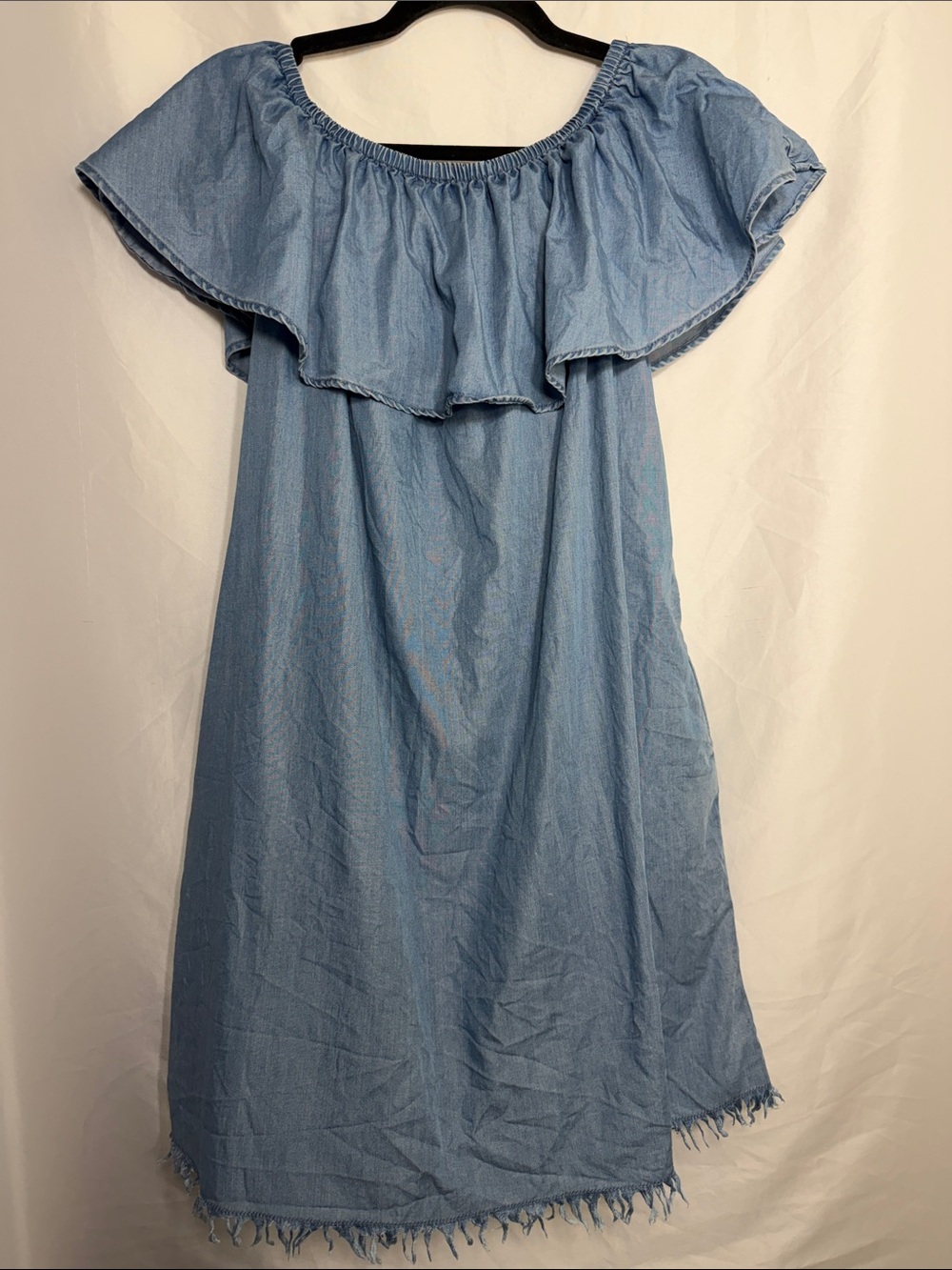 beachlunchlounge Chambray Off the Shoulder Dress Frayed Hem Blue S Cowgirl Boho